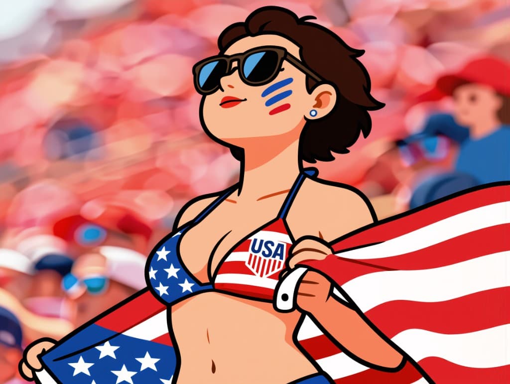 USA Girl — stadium fan mascot with sunglasses, face paint, and American flag